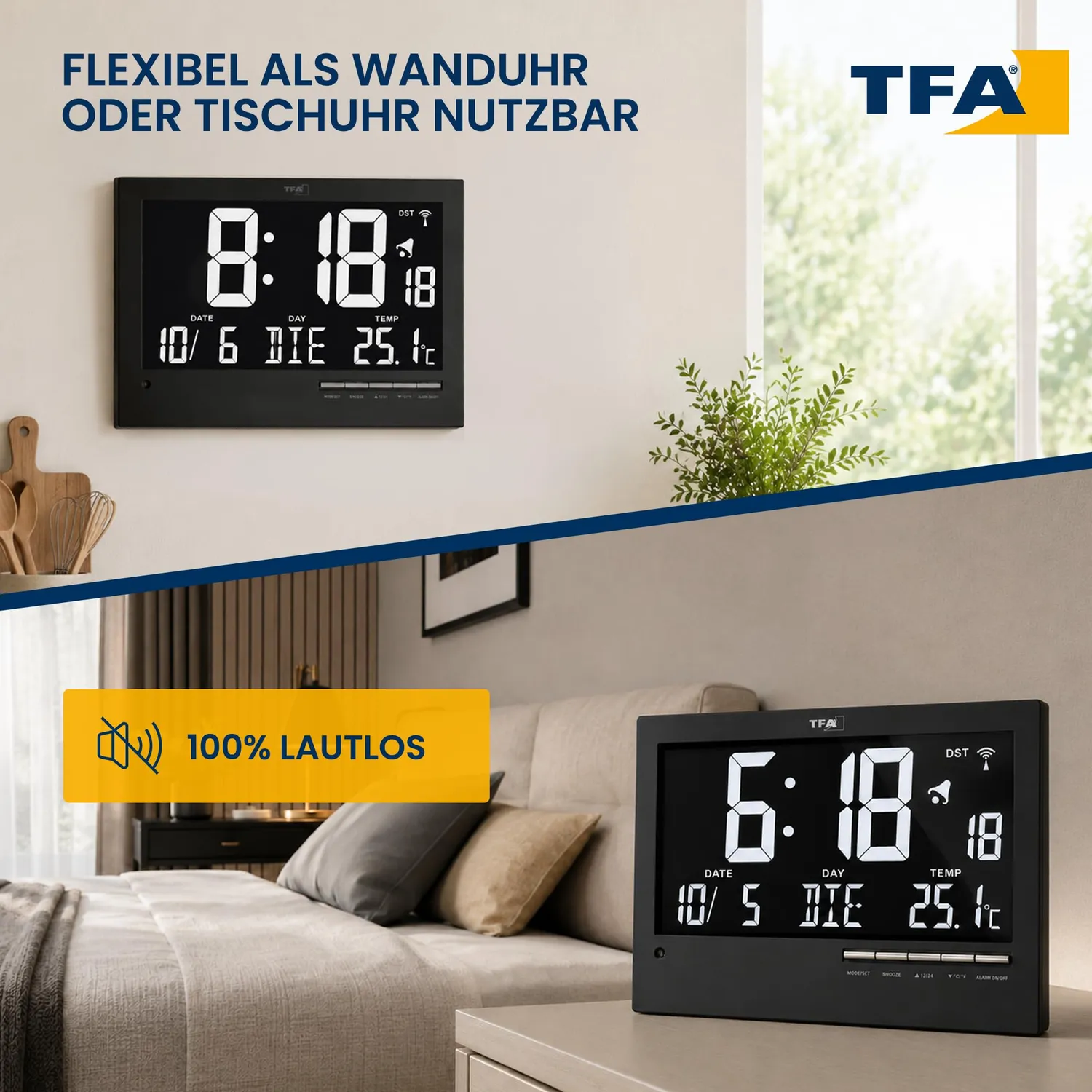 TFA Dostmann 60.4508 Digitale Funkuhr Schwarz Beleuchtet Temp