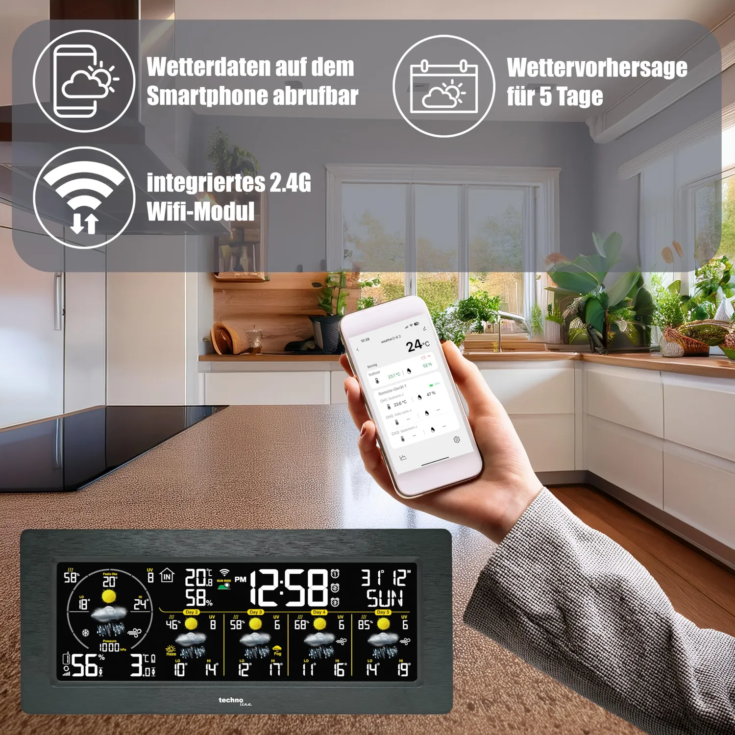 Technoline WD 3050 WLAN-Wetterstation mit Außensensor 5-Tage