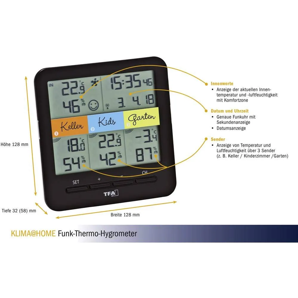 TFA Dostmann Klima Home 30.3060.01 Thermo-Hygrometer 3 Sender