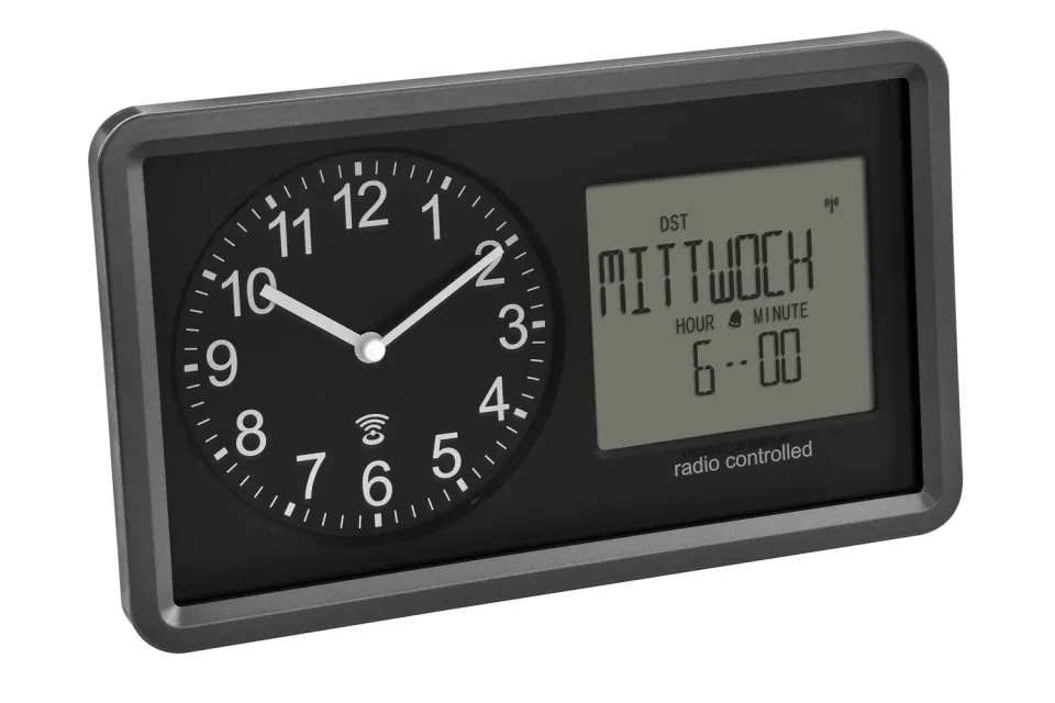 TFA Dostmann 60.3552.01 Funk-Tischuhr analog schwarz Kalender