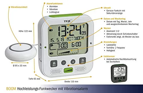 TFA Dostmann Boom Funkwecker weiß Vibration