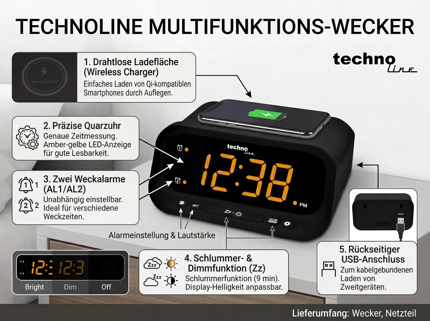Technoline WT 477 Funkwecker Qi USB