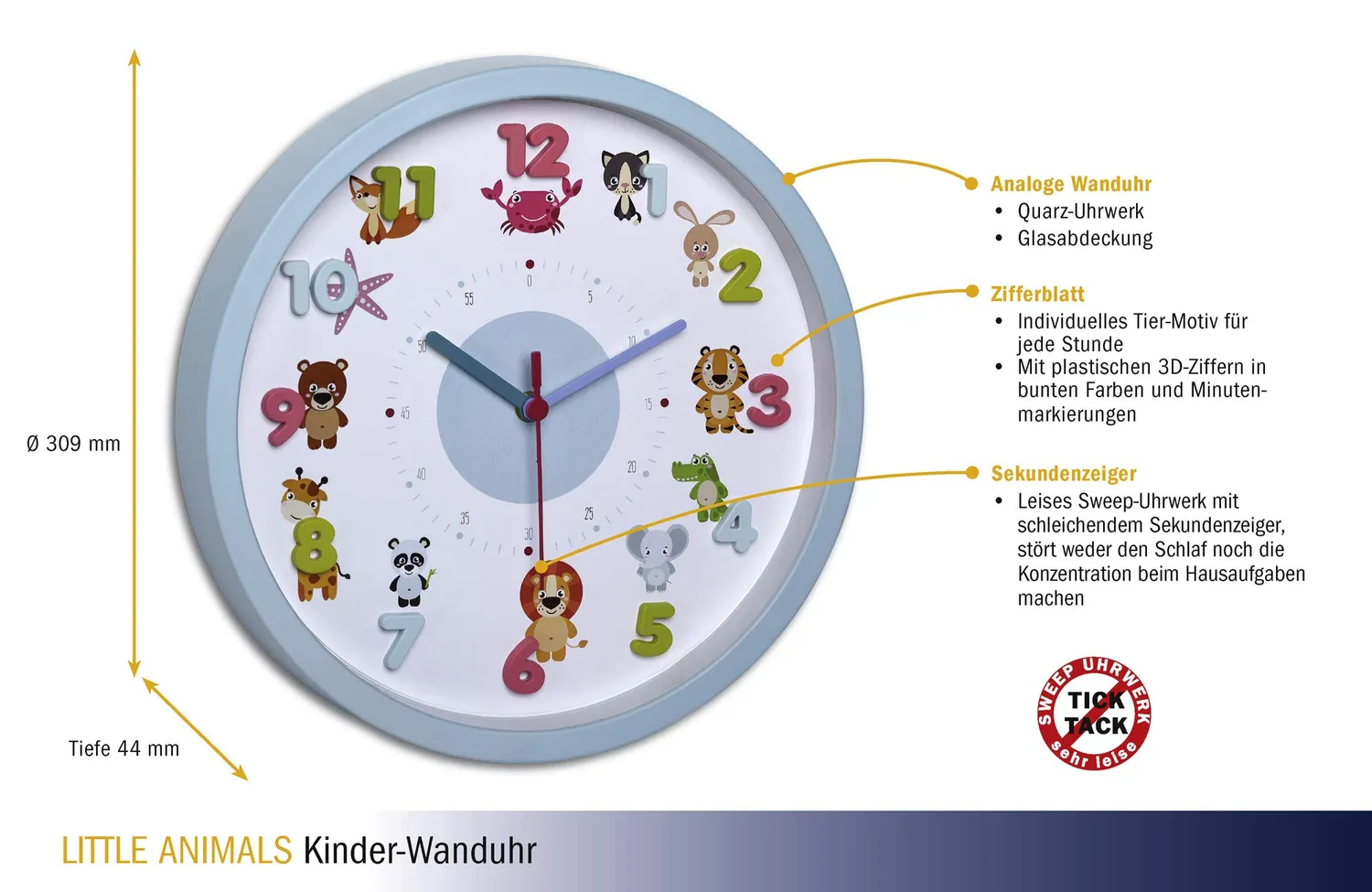 TFA Dostmann Little Animals Kinder-Wanduhr hellblau