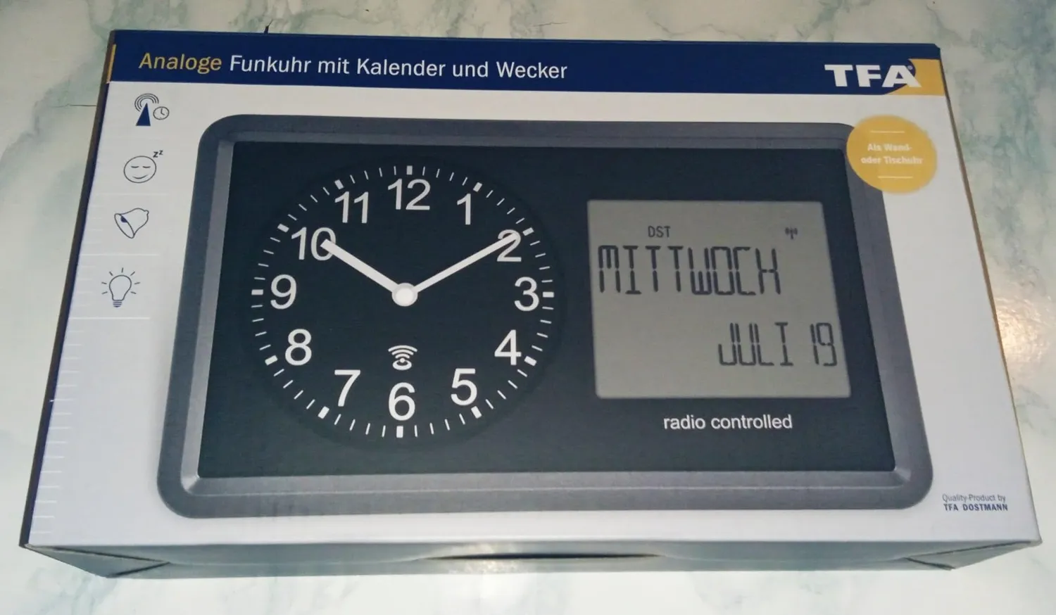 TFA Dostmann 60.3552.01 Funk-Tischuhr analog schwarz Kalender