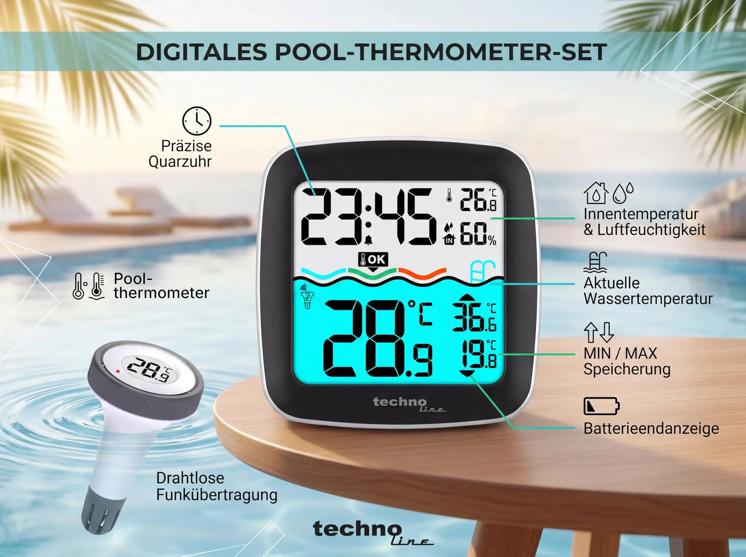 Technoline WS9059 Funk-Poolthermometer mit Basisstation