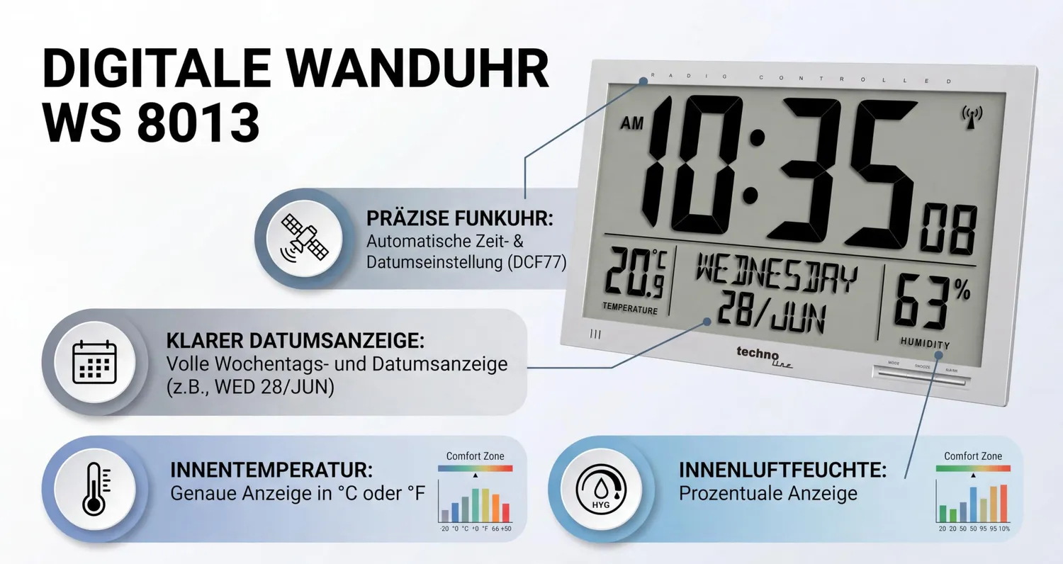 Technoline WS 8013 Funkwanduhr XL digital schwarz