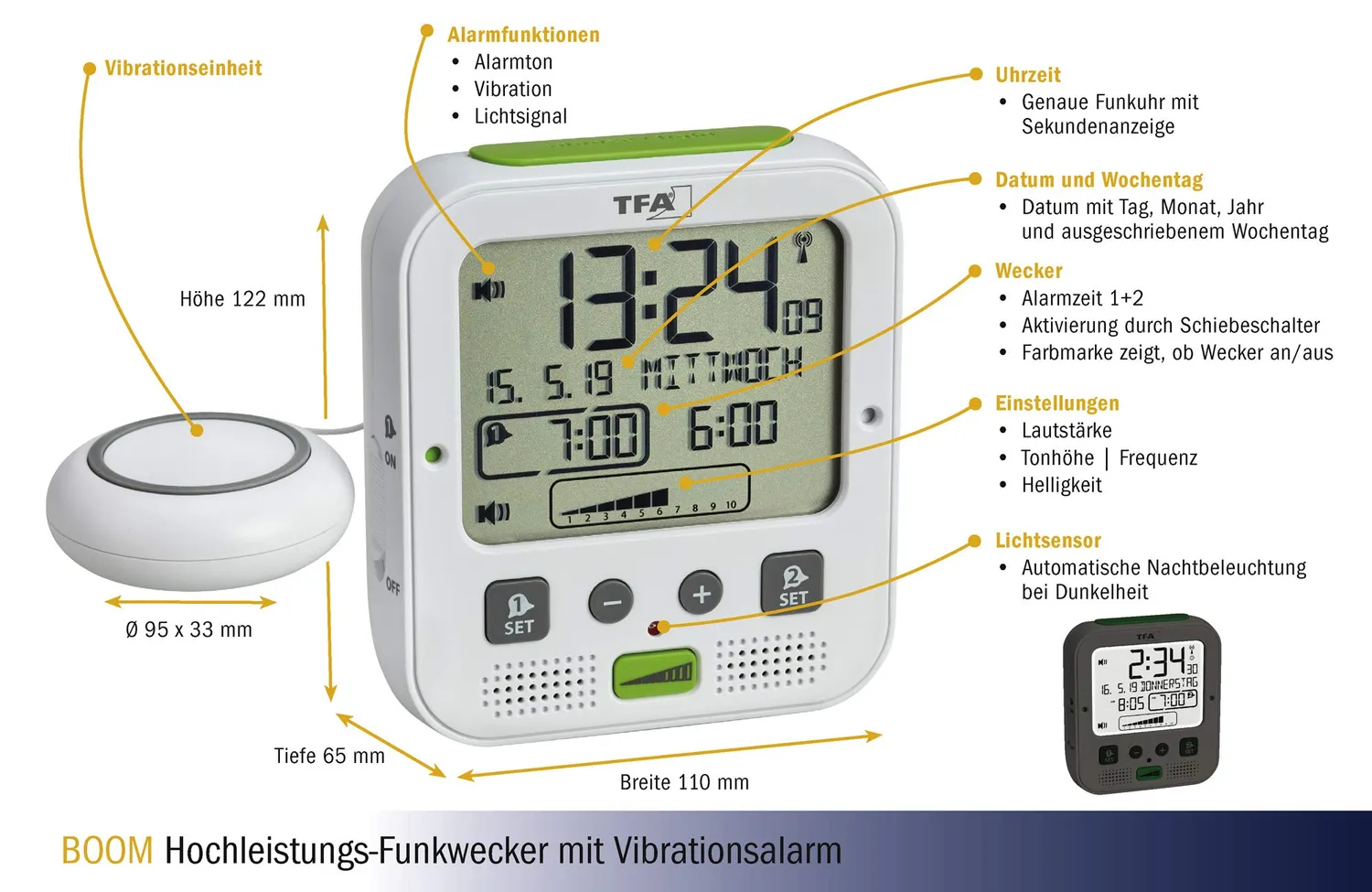 TFA Dostmann Boom Funkwecker weiß Vibration