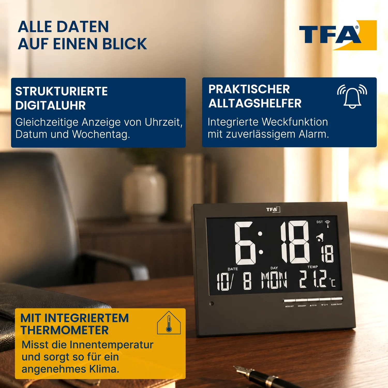 TFA Dostmann 60.4508 Digitale Funkuhr Schwarz Beleuchtet Temp