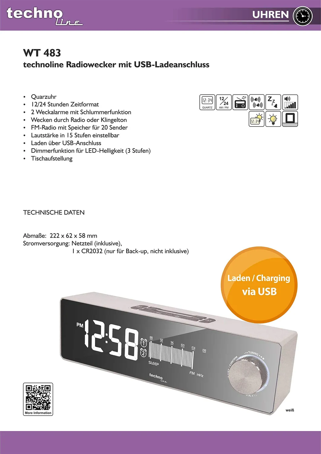 Technoline WT 483 Radiowecker Retro mit USB-Anschluss