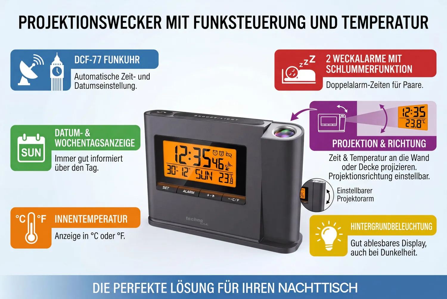 Technoline WT 519 Funk-Projektionswecker mit Temperaturprojektion