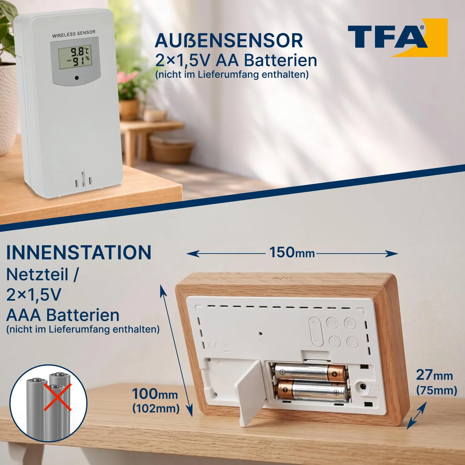 TFA Dostmann OAK 35.1167.54 Funk-Wetterstation Modern Holzrahmen