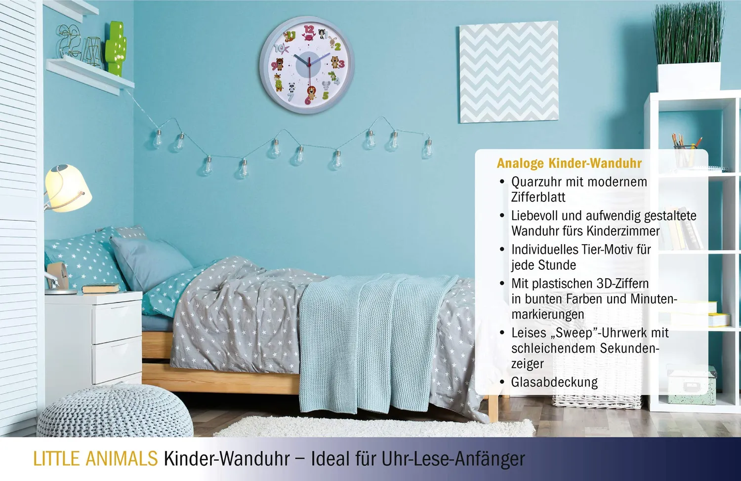 TFA Dostmann Little Animals Kinder-Wanduhr hellblau