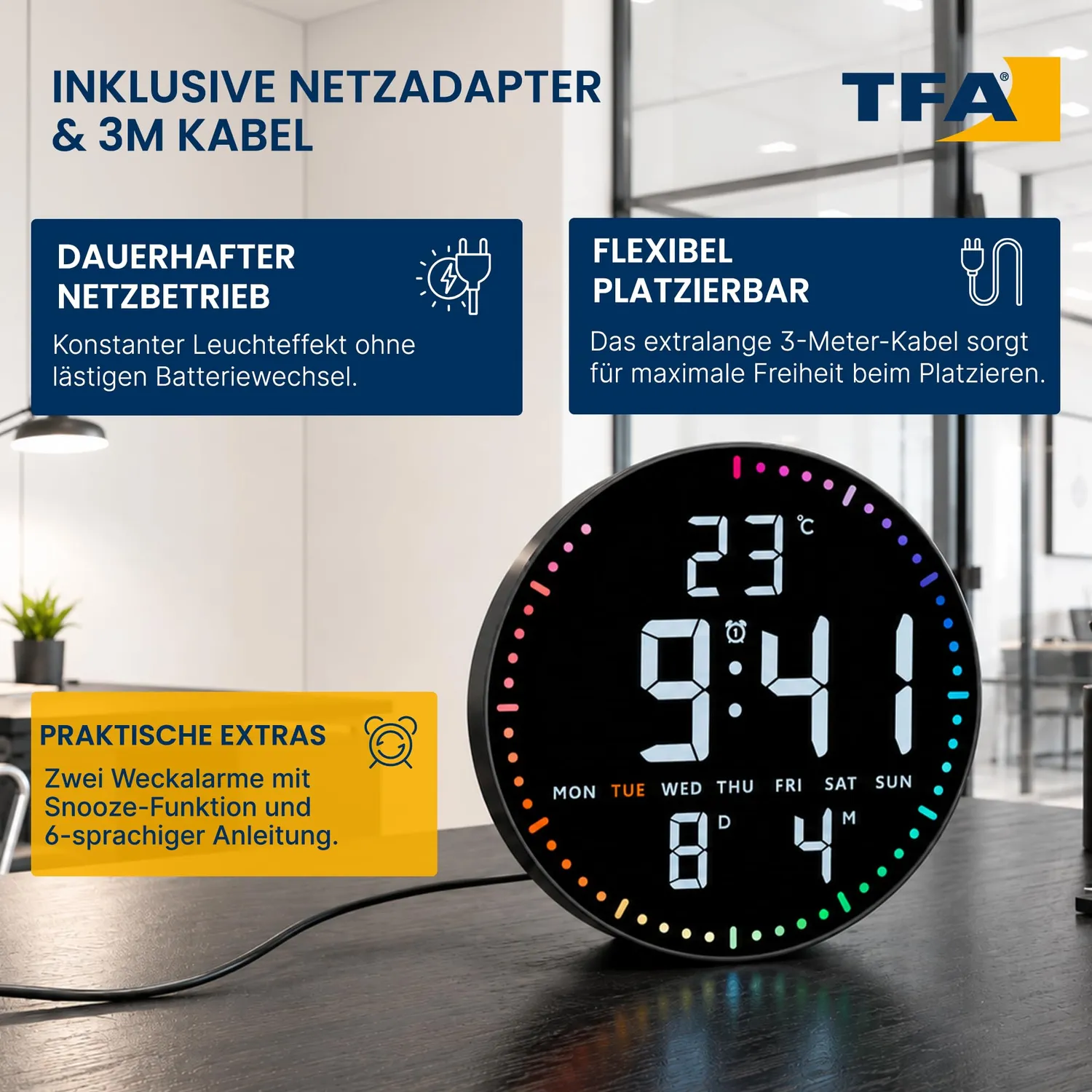 TFA Dostmann LED Wanduhr digital 25,5 cm Temperatur Datum